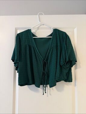 American Eagle Outfitters Deep Teal Tie-Front Flutter Sleeve Top